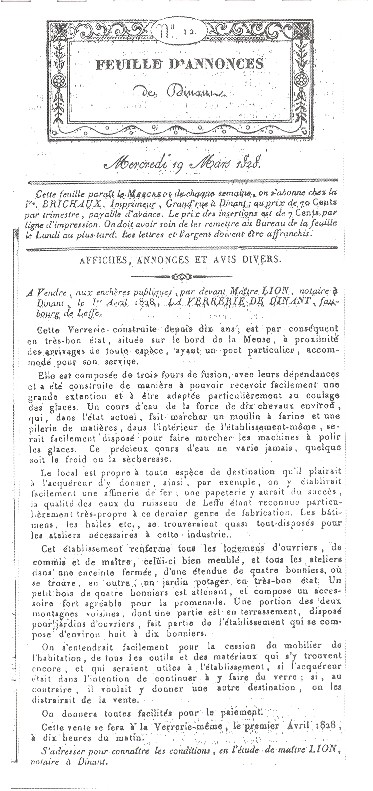 Annonce de vente de la Verrerie de Leffe 1828